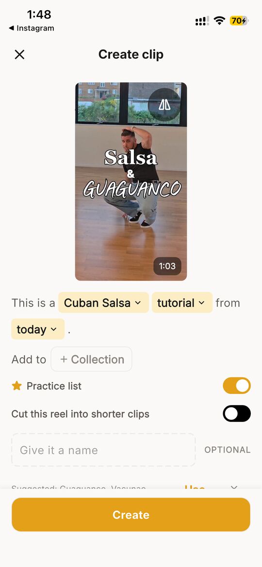 Step 2: the Create clip screen, marked as a Cuban Salsa tutorial with Practice list switched on, then tap Create