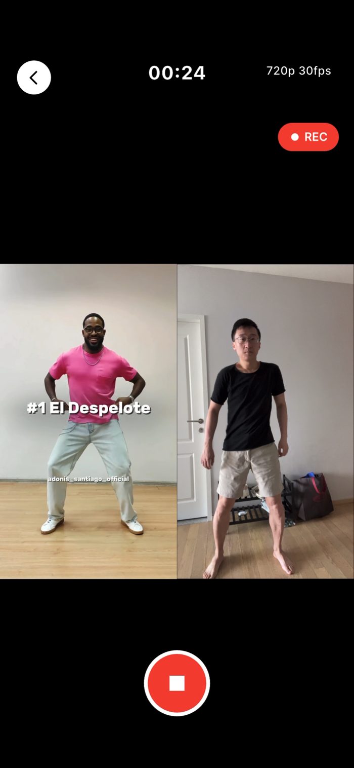 Recording a take: the tutorial plays on the left while the camera films the dancer on the right