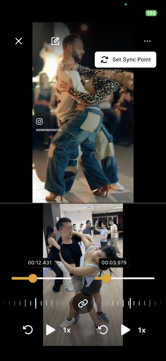 Two clips synced side by side with independent timestamps for frame-accurate comparison
