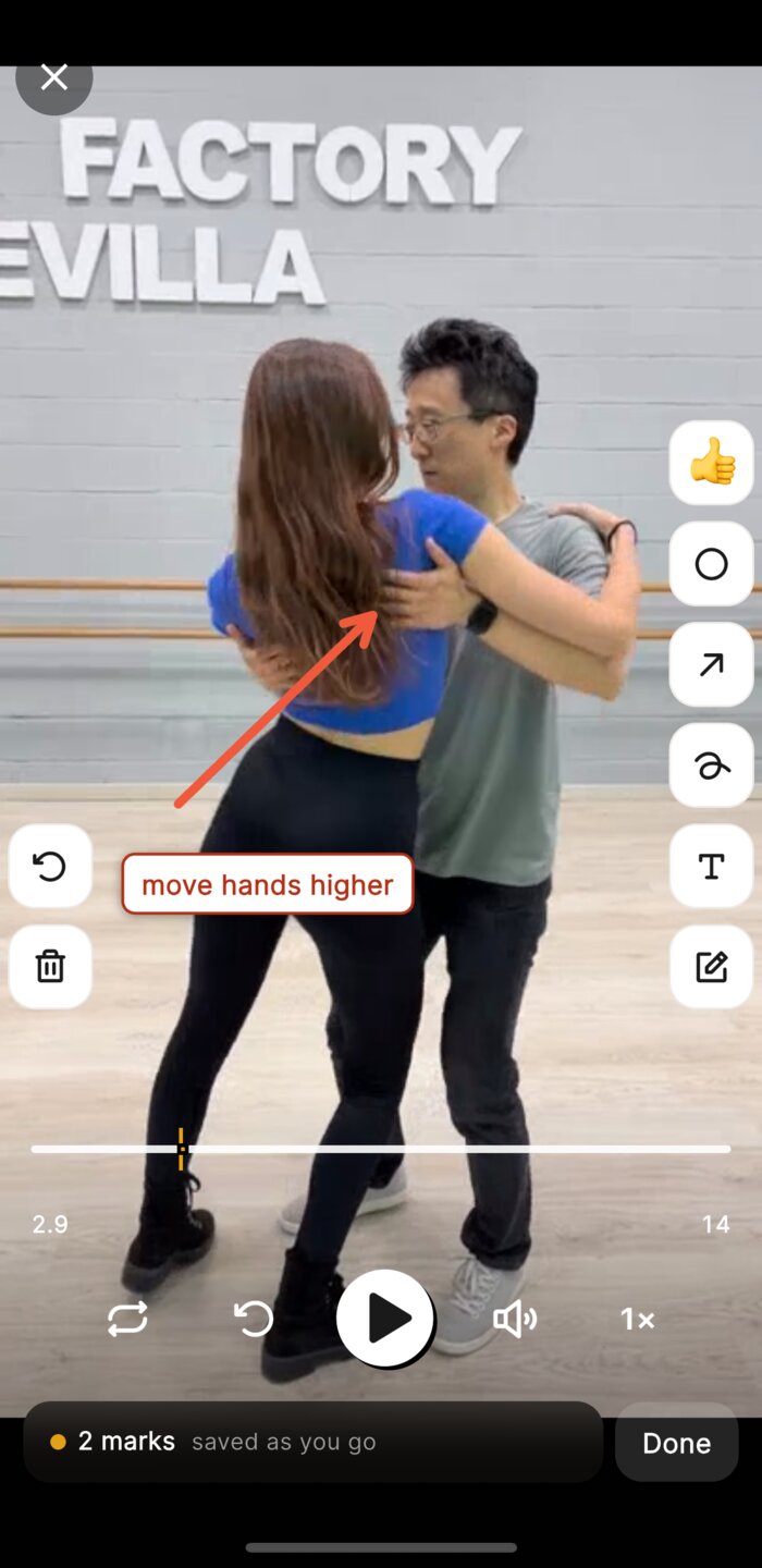 A drawn arrow and note reading move hands higher, pinned to an exact frame