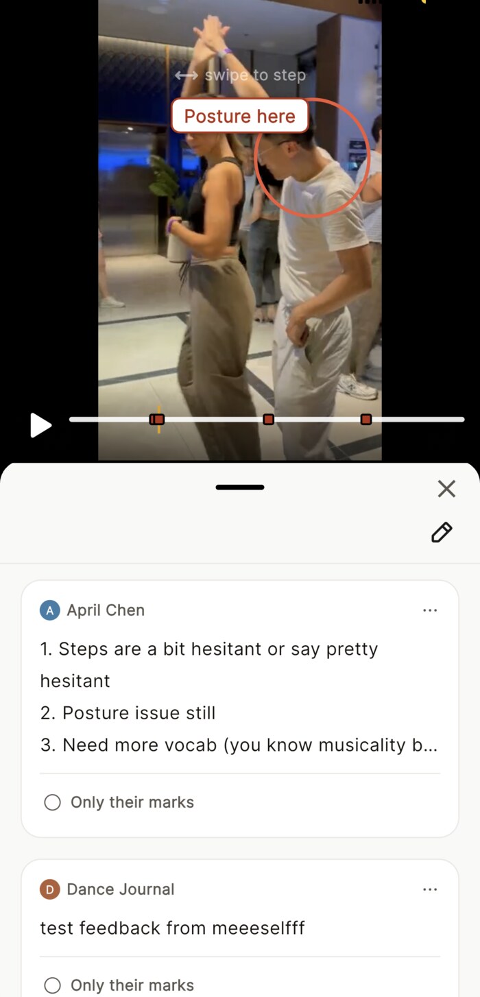 A teacher's notes pinned to marks on the clip's timeline, with numbered feedback below